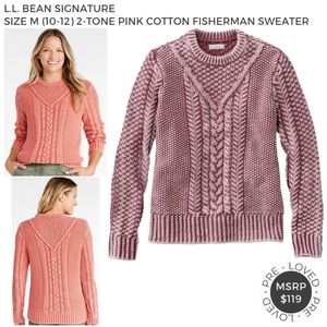 Sz M (10-12) L.L. Bean Signature 2-Tone Pink Cable Knit Cotton Fisherman Sweater